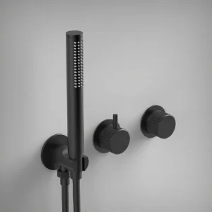 Ava Fluted 2 Way 2 Handle Thermostatic Valve With Built In Hand Shower W/3 Hole Flanges 3.0 - Brushed Black