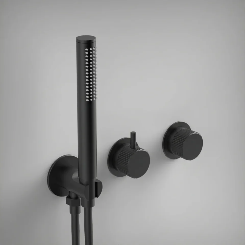 Ava Fluted 2 Way 2 Handle Thermostatic Valve With Built In Hand Shower W/3 Hole Flanges 3.0 - Brushed Black product image - Image 1