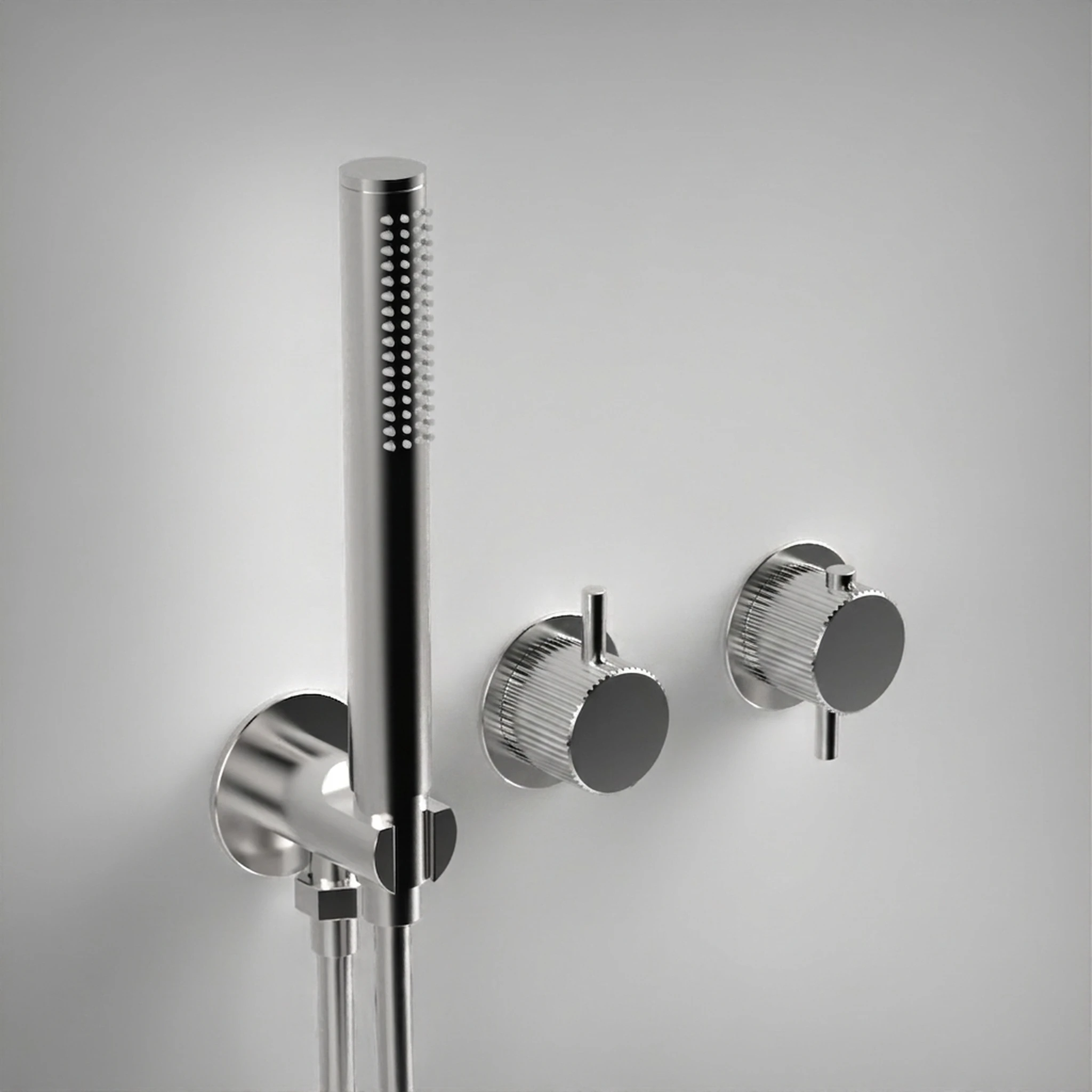 Ava Fluted 2 Way 2 Handle Thermostatic Valve With Built In Hand Shower W/3 Hole Flanges 3.0 - Polished Stainless Steel