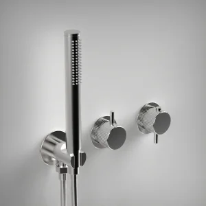 Ava Fluted 2 Way 2 Handle Thermostatic Valve With Built In Hand Shower W/3 Hole Flanges 3.0 - Polished Stainless Steel