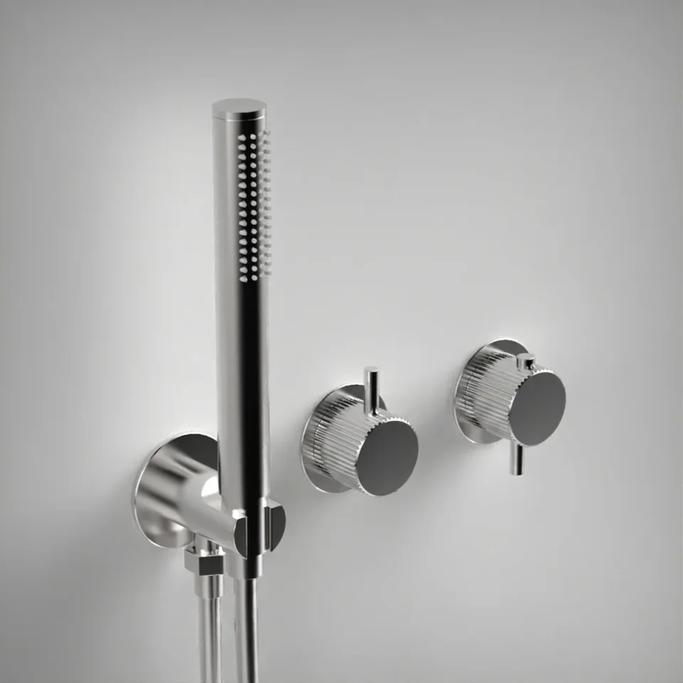 Ava Fluted 2 Way 2 Handle Thermostatic Valve With Built In Hand Shower W/3 Hole Flanges 3.0 - Polished Stainless Steel product image - Image 1