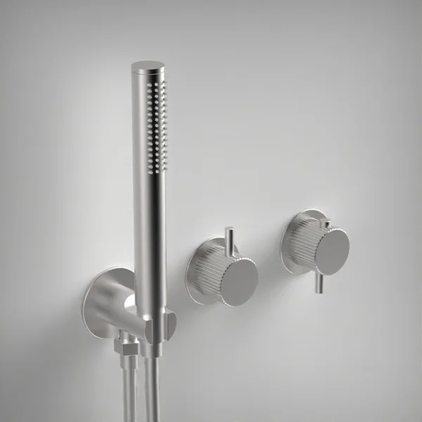 Ava Fluted 2 Way 2 Handle Thermostatic Valve With Built In Hand Shower W/3 Hole Flanges 3.0 - Brushed Stainless Steel
