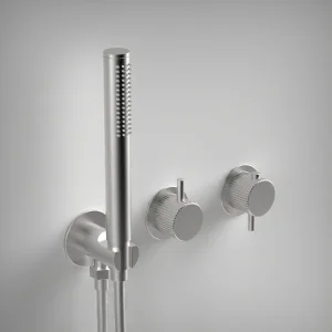 Ava Fluted 2 Way 2 Handle Thermostatic Valve With Built In Hand Shower W/3 Hole Flanges 3.0 - Brushed Stainless Steel