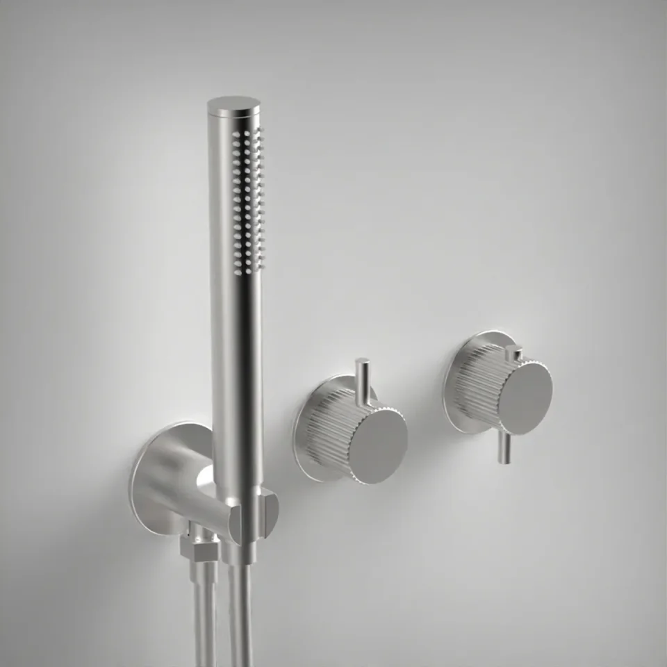Ava Fluted 2 Way 2 Handle Thermostatic Valve With Built In Hand Shower W/3 Hole Flanges 3.0 - Brushed Stainless Steel product image - Image 1