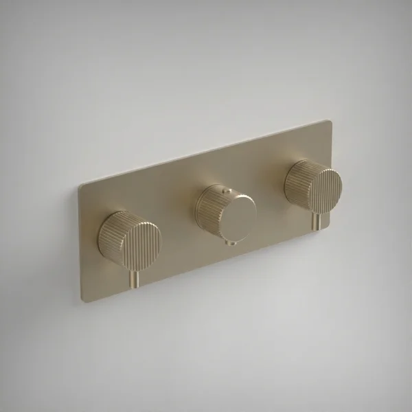 Ava Fluted 3 Way 3 Handle Thermostatic Valve W/ Backplate 3.0 - Brushed Brass