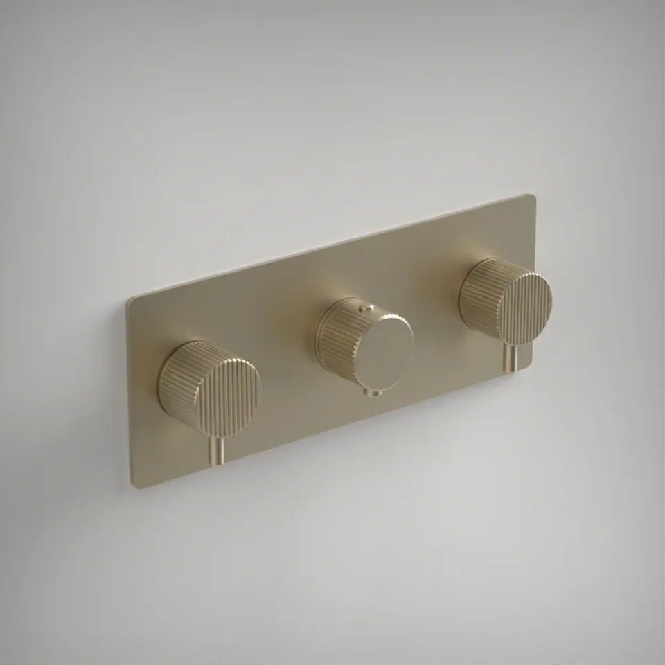 Ava Fluted 3 Way 3 Handle Thermostatic Valve W/ Backplate 3.0 - Brushed Brass product image - Image 1