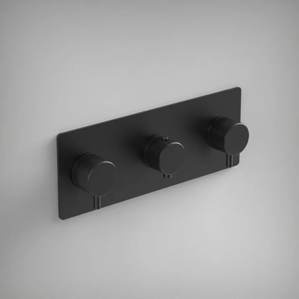 Ava Fluted 3 Way 3 Handle Thermostatic Valve W/ Backplate 3.0 - Brushed Black product image - Image 1