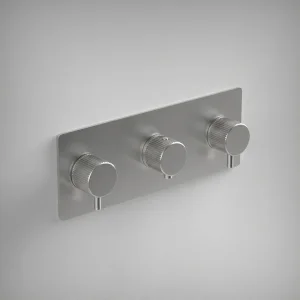 Ava Fluted 3 Way 3 Handle Thermostatic Valve W/ Backplate 3.0 - Brushed Stainless Steel
