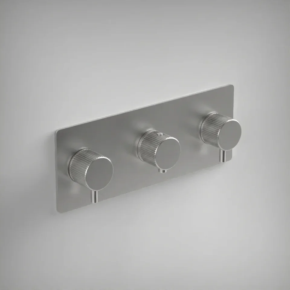 Ava Fluted 3 Way 3 Handle Thermostatic Valve W/ Backplate 3.0 - Brushed Stainless Steel product image - Image 1