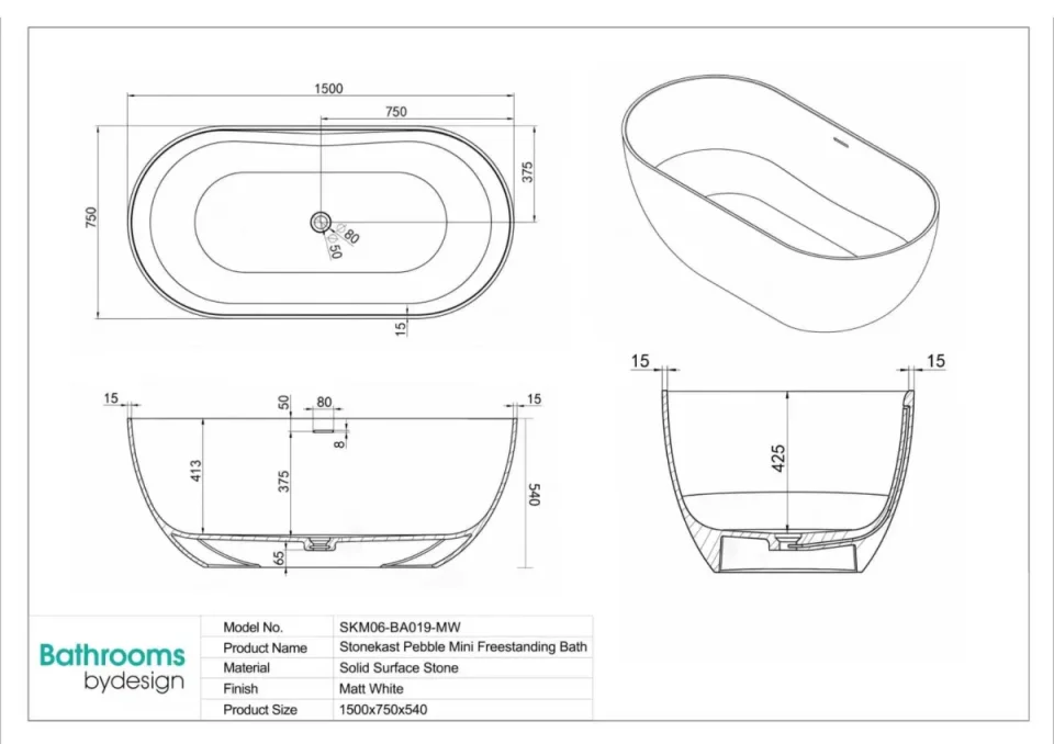 Stonekast Pebble Mini Freestanding Bath 1500 X 750 X 540mm Matt White (waste Included) technical drawing - Image 2