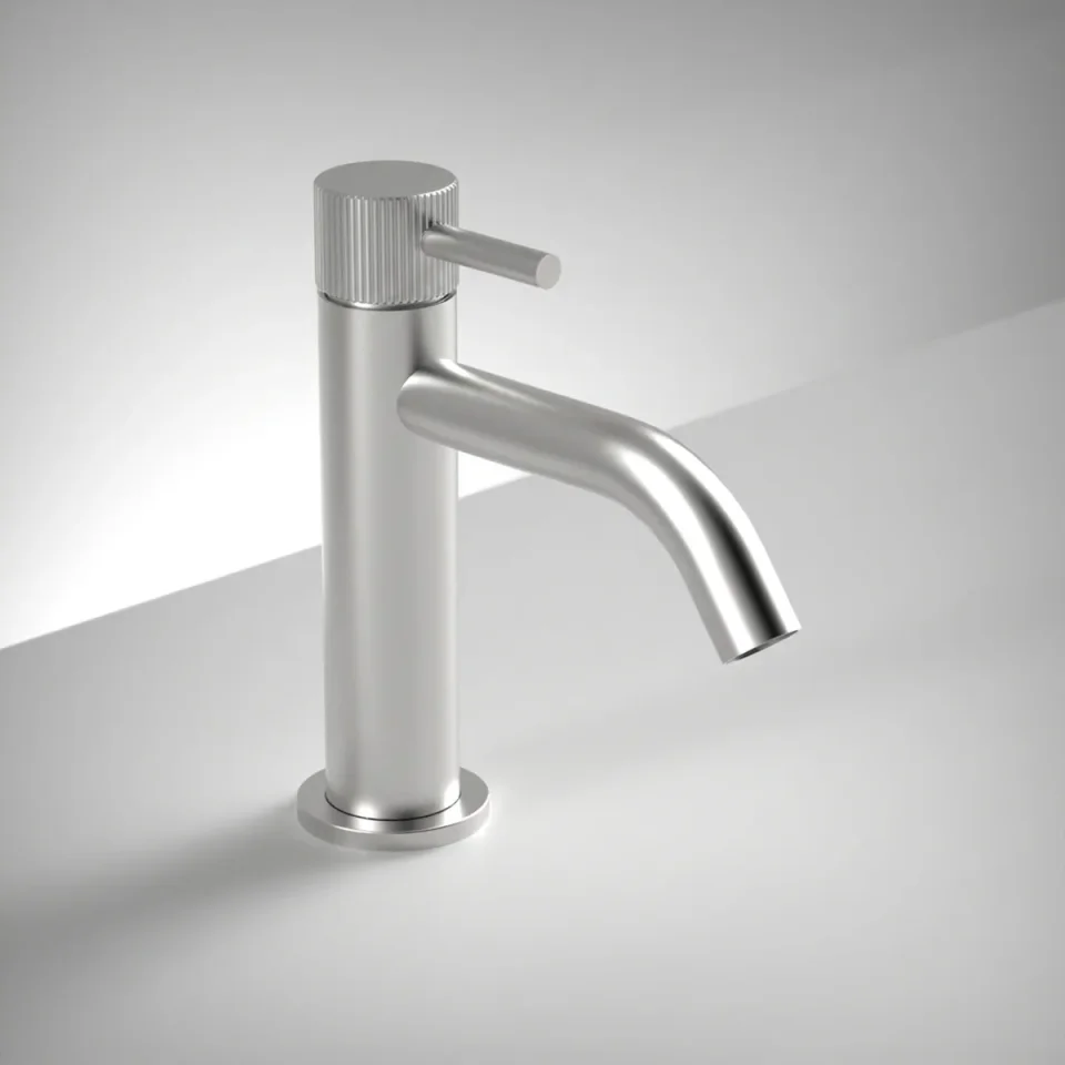 Ava Fluted Deck Mounted Basin Mixer Monobloc - Brushed Stainless Steel product image - Image 1