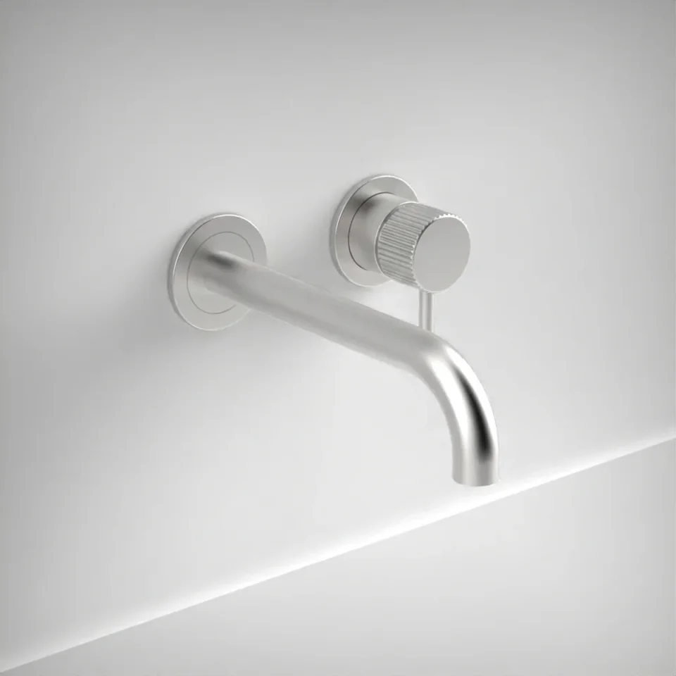 Ava Fluted 2 Hole Wall Mounted Basin Mixer W/ Flanges 3.0 - Brushed Stainless Steel product image - Image 1