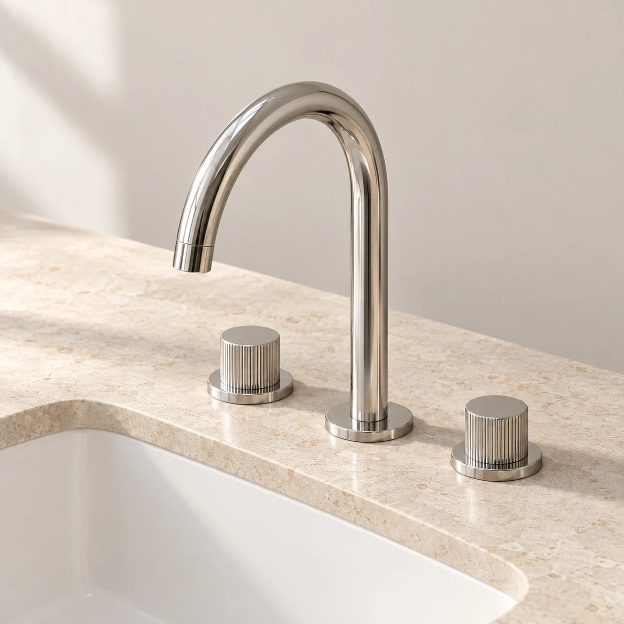 Ava Fluted 3 Hole Deck Mounted Basin Mixer W/ Flanges - Polished Stainless Steel