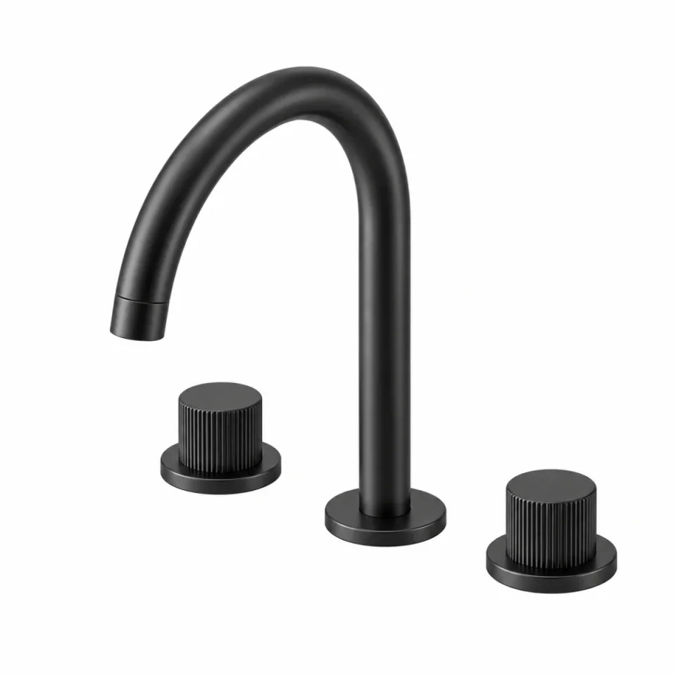 Ava Fluted 3 Hole Deck Mounted Basin Mixer W/ Flanges - Brushed Black detail view - Image 2