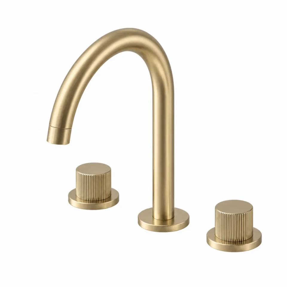 Ava Fluted 3 Hole Deck Mounted Basin Mixer W/ Flanges - Brushed Brass detail view - Image 2