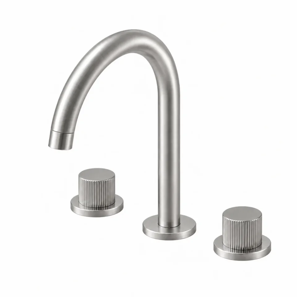 Ava Fluted 3 Hole Deck Mounted Basin Mixer W/ Flanges - Brushed Stainless Steel detail view - Image 2