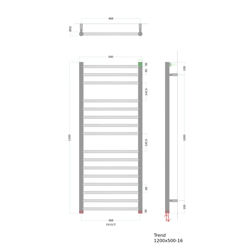 AVA Trend Ladder 1200 x 500mm Matt Black Stainless Steel Towel Rail technical drawing - Image 2