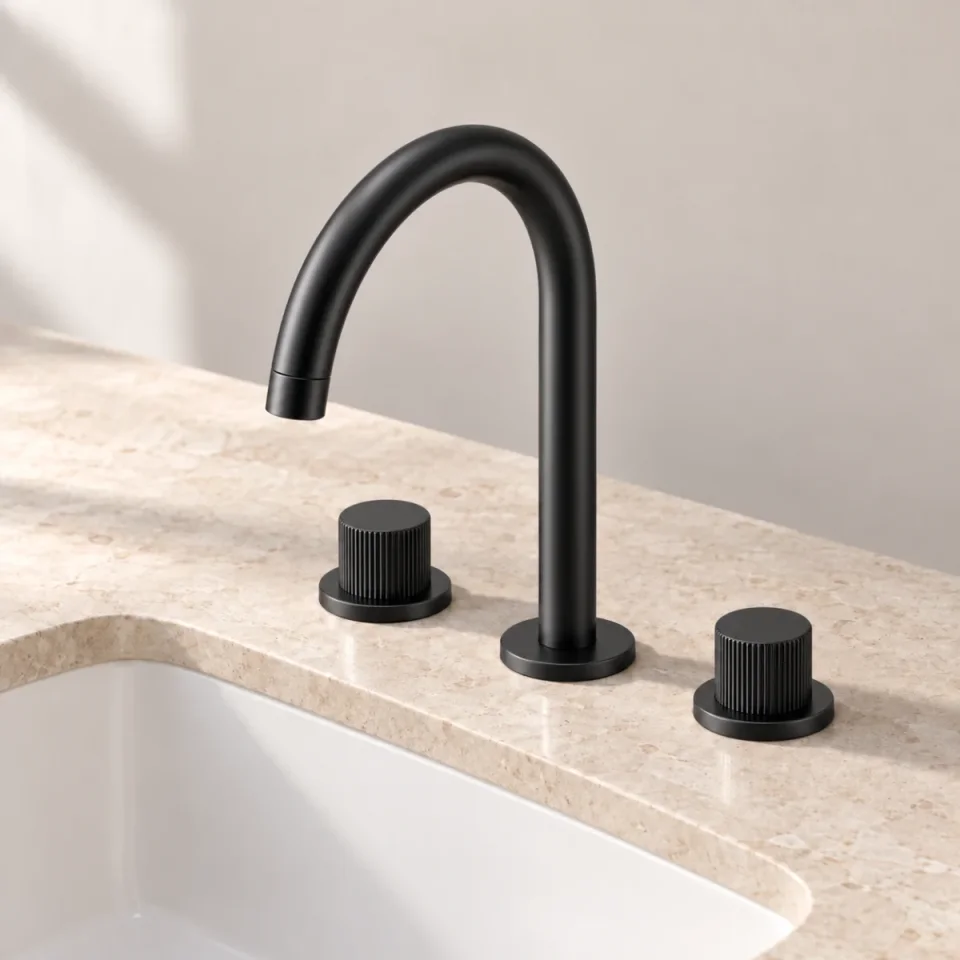 Ava Fluted 3 Hole Deck Mounted Basin Mixer W/ Flanges - Brushed Black product image - Image 3