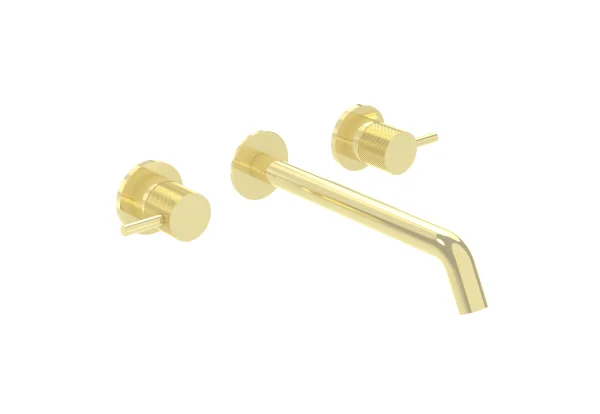 Saneux Cos 3 Tap Hole Wall Mounted Basin Mixer Kit - W/ Long Spout (220mm) W/ Knurled Handle - Brushed Brass (pvd)