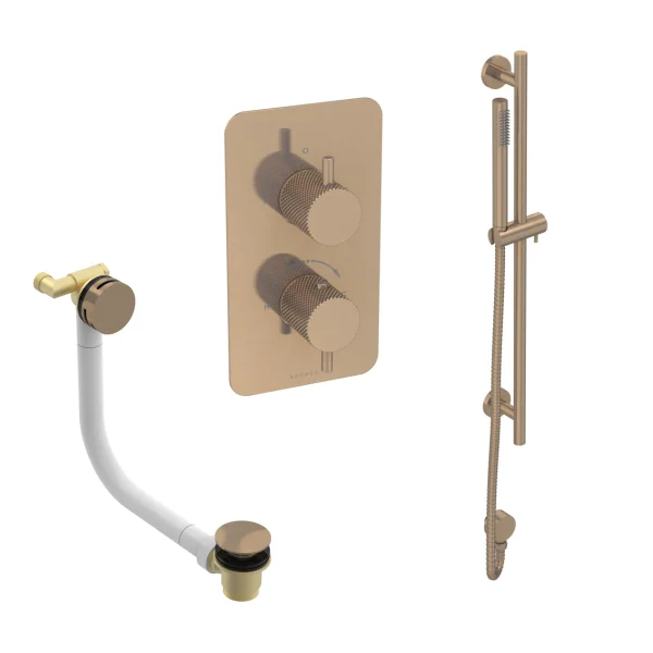 Saneux Cos 2 Way Shower Kit - W/ Slim Handset & Slider Rail & Bath Filler - Knurled - Brushed Bronze