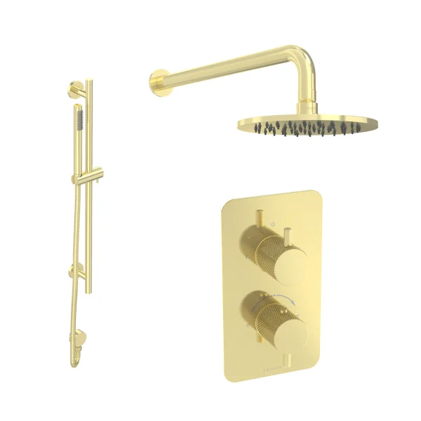 Saneux Cos 2 Way Shower Kit - W/ Slim Handset & Slider Rail & Shower Head - Knurled - Brushed Brass