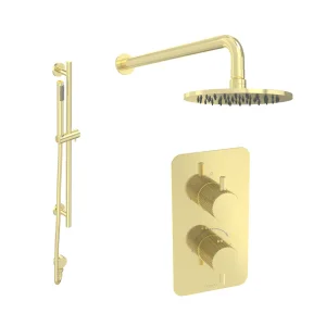 Saneux Cos 2 Way Shower Kit - W/ Slim Handset & Slider Rail & Shower Head - Knurled - Brushed Brass