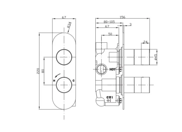 AVA (OLD CROSSWATER) Parker 1 Outlet 2 Handle Thermostatic Shower Mixer Valve Polished Chrome  technical drawing - Image 2