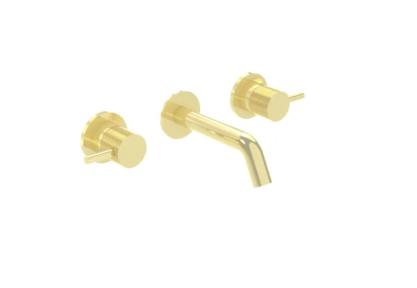 Saneux Cos 3 Tap Hole Wall Mounted Basin Mixer Kit - W/ Short Spout (130mm) W/ Knurled Handle - Brushed Brass (pvd)