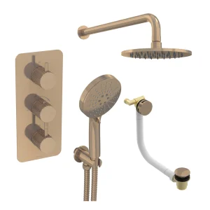 Saneux Cos 3 Way Shower Kit - W/ 3 Function Handset & Bath Filler & Shower Head - Knurled - Brushed Bronze