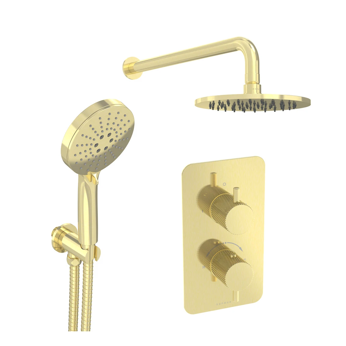 Saneux Cos 2 Way Shower Kit - W/ 3 Function Handset & Shower Head - Knurled - Brushed Brass
