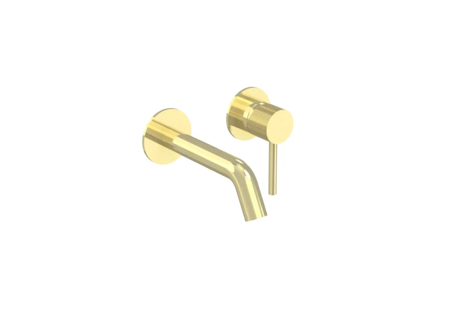 Saneux Cos 2 Plate Wall Mounted Basin Mixer Kit - W/ Short Spout (130mm) W/ Knurled Handle - Brushed Brass (pvd) product image - Image 1