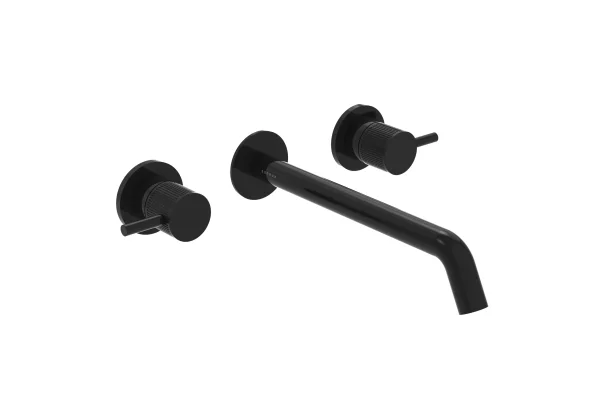 Saneux Cos 3 Tap Hole Wall Mounted Basin Mixer Kit - W/ Long Spout (220mm) W/ Fluted Handle - Satin Black (pvd)