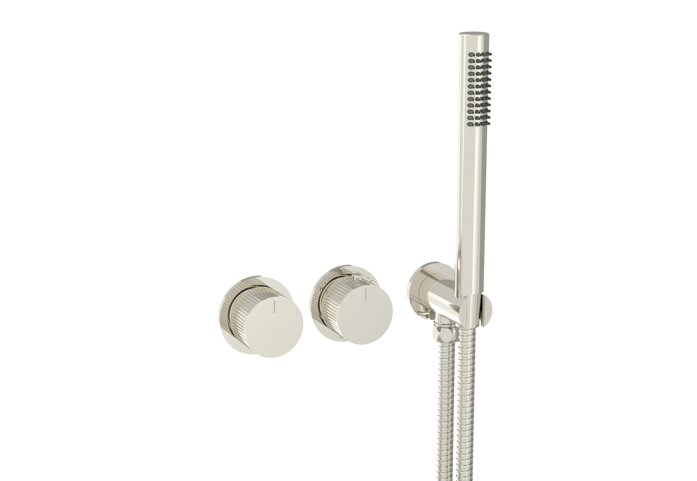 Saneux Cos 2 Way Thermostatic Shower Ring Valve Kit - W/ Fluted Handle & Handset - Portrait & Landscape - Brushed Nickel