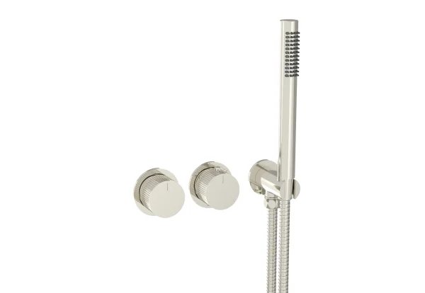 Saneux Cos 2 Way Thermostatic Shower Ring Valve Kit - W/ Fluted Handle & Handset - Portrait & Landscape - Brushed Nickel
