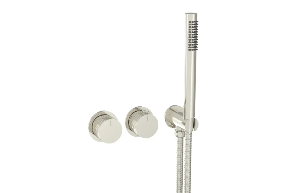 Saneux Cos 2 Way Thermostatic Shower Ring Valve Kit - W/ Fluted Handle & Handset - Portrait & Landscape - Brushed Nickel product image - Image 1