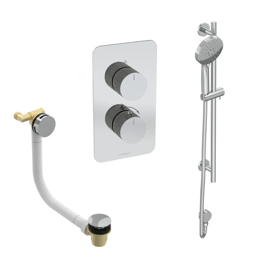 Saneux Cos 2 Way Shower Kit - W/ 3 Function Handset & Slider Rail & Bath Filler - Fluted - Chrome product image - Image 1