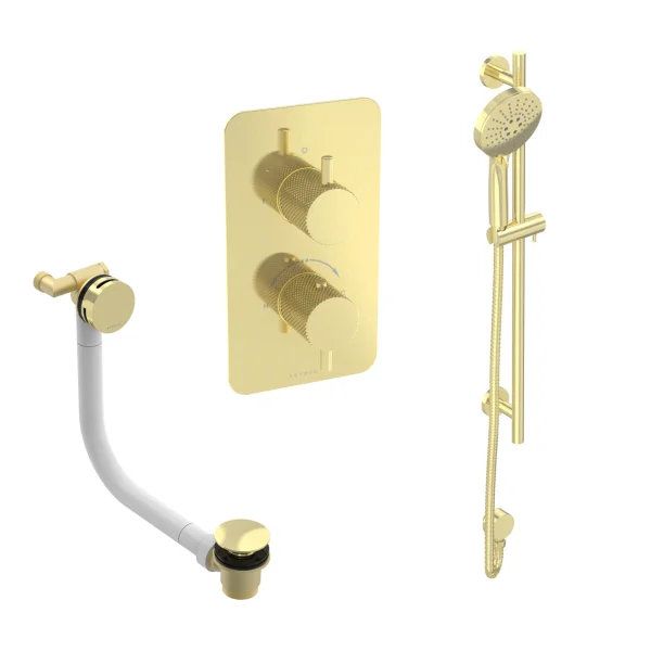 Saneux Cos 2 Way Shower Kit - W/ 3 Function Handset & Slider Rail & Bath Filler - Knurled - Brushed Brass
