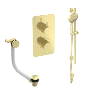 Saneux Cos 2 Way Shower Kit - W/ 3 Function Handset & Slider Rail & Bath Filler - Knurled - Brushed Brass