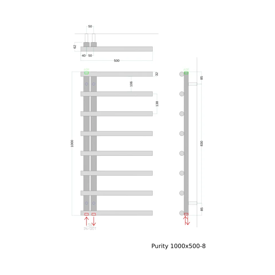 AVA Purity 1000 x 500mm Polished Stainless Steel Towel Rail (Right Hand) technical drawing - Image 2