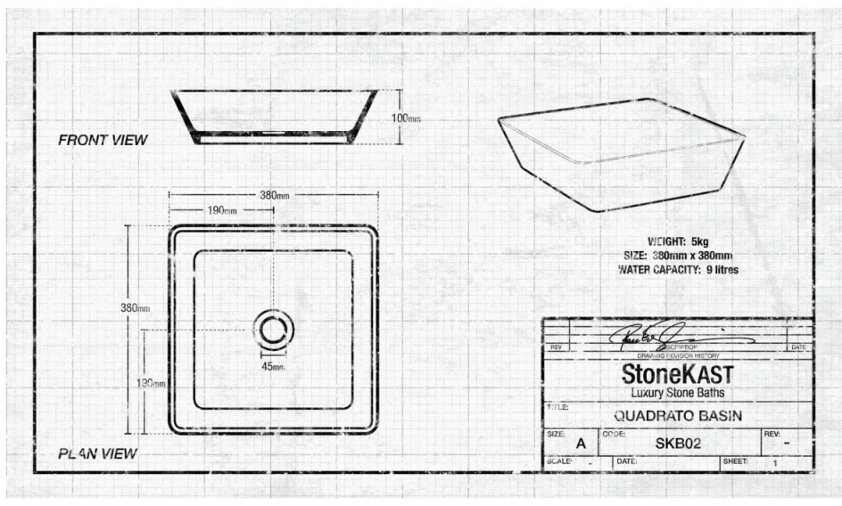 StoneKAST Quadratto Sit On Basin Matt White 380x380mm technical drawing - Image 2