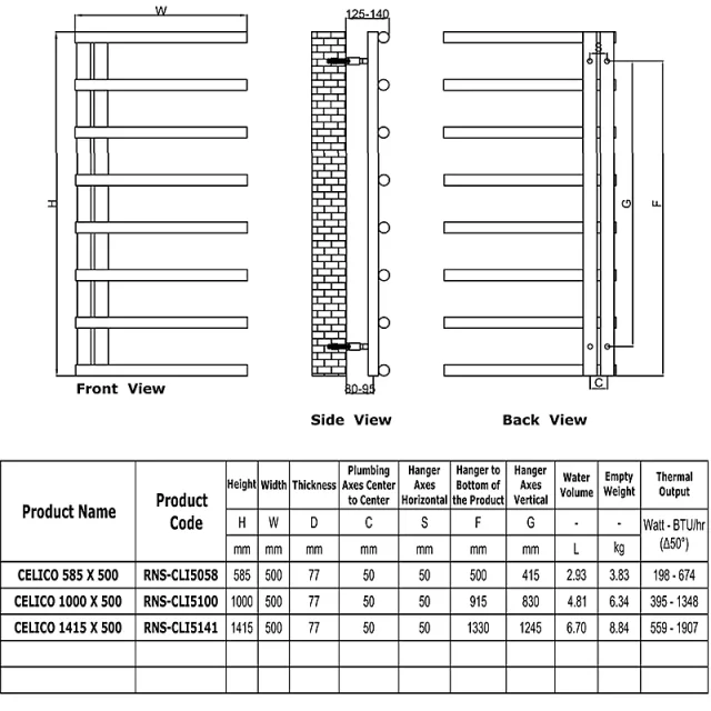 Reina Celico 500 X 1000 Stainless Steel Towel Radiator technical drawing - Image 3