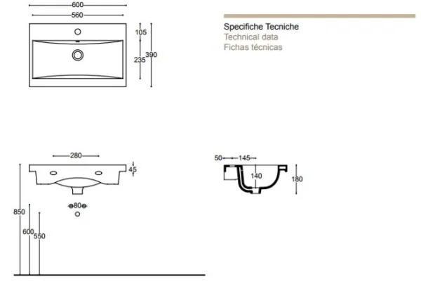 Faeber Barcelona 600m Vanity Basin 1 Tap Hole