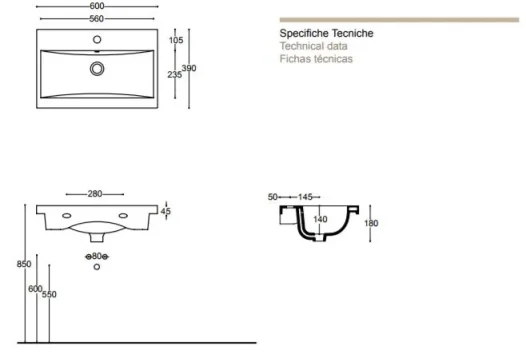 Faeber Barcelona 600m Vanity Basin 1 Tap Hole product image - Image 1