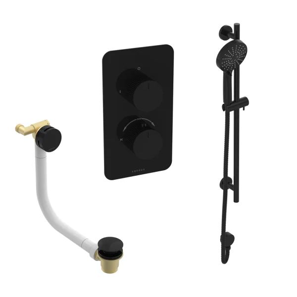 Saneux Cos 2 Way Shower Kit - W/ 3 Function Handset & Slider Rail & Bath Filler - Fluted - Satin Black