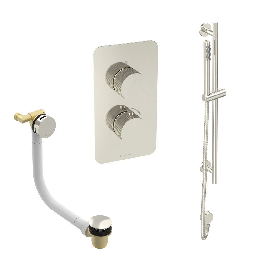 Saneux Cos 2 Way Shower Kit - W/ Slim Handset & Slider Rail & Bath Filler - Fluted - Brushed Nickel