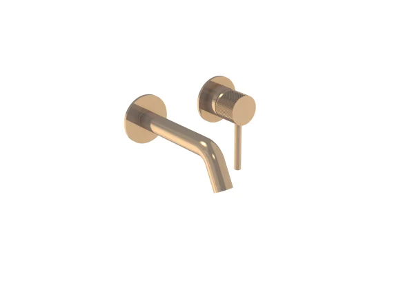 Saneux Cos 2 Plate Wall Mounted Basin Mixer Kit - W/ Short Spout (130mm) W/ Knurled Handle - Brushed Bronze (pvd)