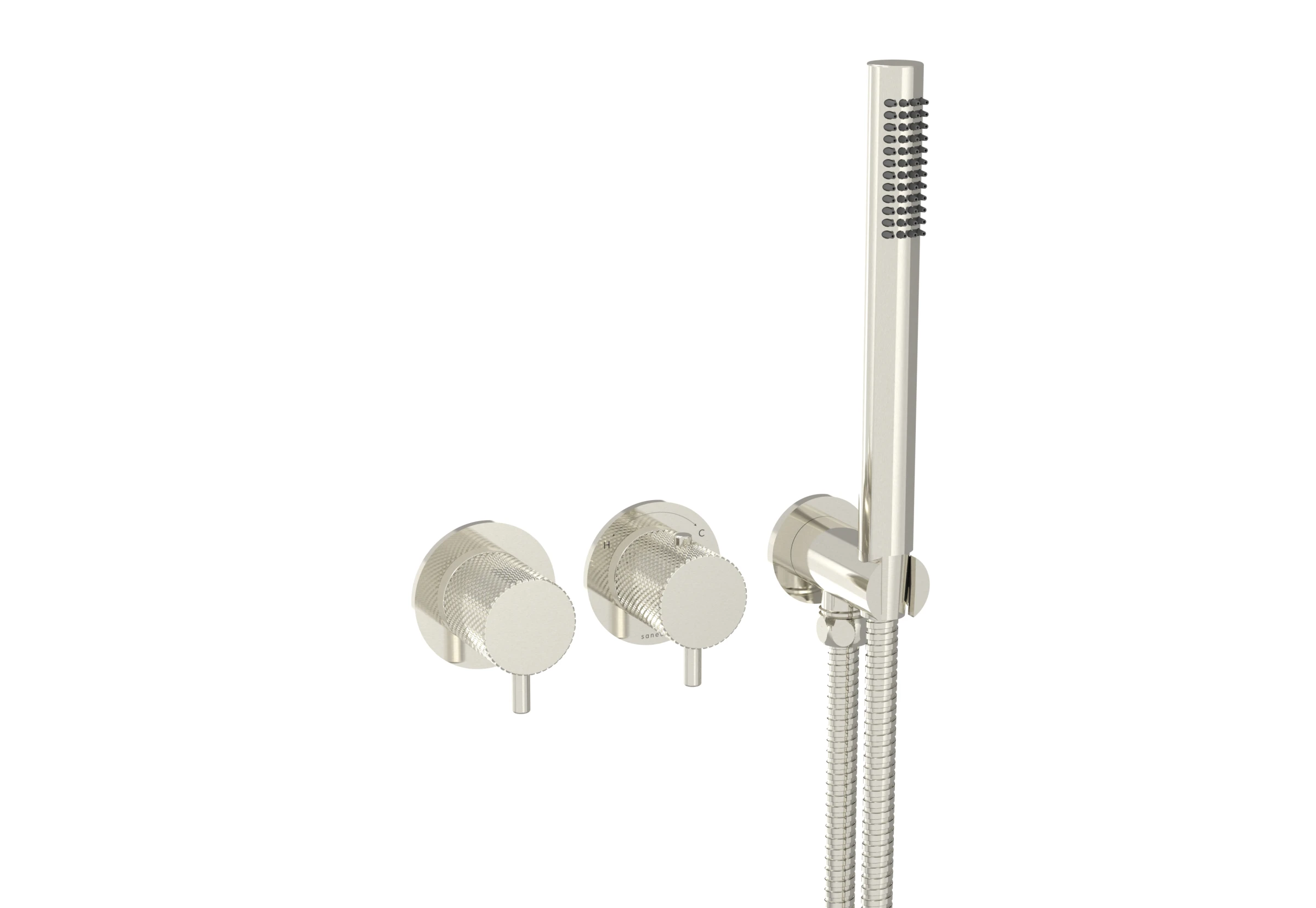 Saneux Cos 2 Way Thermostatic Shower Ring Valve Kit - W/ Knurled Handle & Handset - Portrait & Landscape - Brushed Nickel