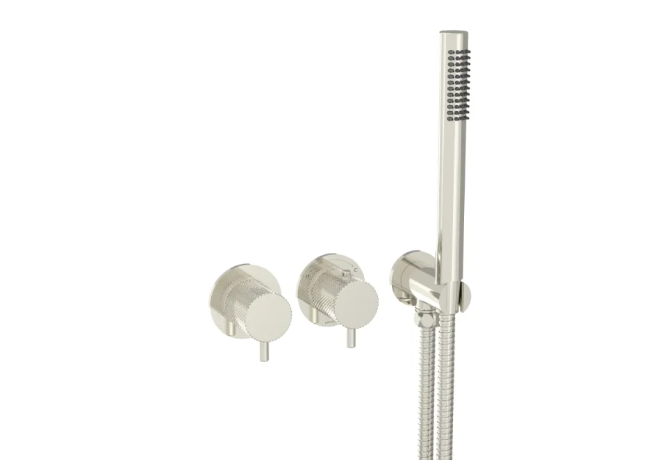 Saneux Cos 2 Way Thermostatic Shower Ring Valve Kit - W/ Knurled Handle & Handset - Portrait & Landscape - Brushed Nickel product image - Image 1