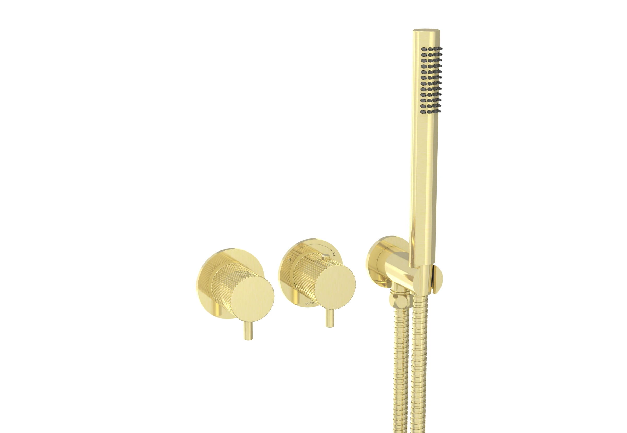 Saneux Cos 2 Way Thermostatic Shower Ring Valve Kit - W/ Knurled Handle & Handset - Portrait & Landscape - Brushed Brass