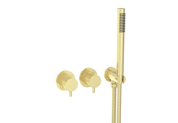 Saneux Cos 2 Way Thermostatic Shower Ring Valve Kit - W/ Knurled Handle & Handset - Portrait & Landscape - Brushed Brass